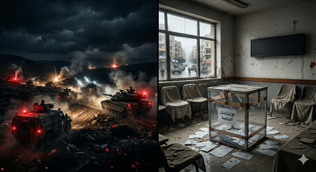 خاص- خطر التوغل البري الإسرائيلي وشيك وتأجيل للانتخابات؟ كواليس ما يحضر للبنان صورة تحليليّة مقسومة تعبر عن الوضع في لبنان: الجانب الأيمن يظهر دبابات وآليات عسكرية في منطقة جبلية وعرة بجنوب لبنان تحت دخان الانفجارات، والجانب الأيسر يظهر غرفة انتخابات مهجورة فيها صندوق اقتراع زجاجي مكتوب عليه 'الانتخابات النيابية' وسط ركام وأوراق مبعثرة
