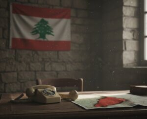 هاتف قديم مرفوع السماعة فوق خريطة للبنان في غرفة مظلمة، ترمز إلى انقطاع التواصل الدبلوماسي والأزمة السياسية في لبنان